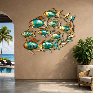 School of Fish Metal Wall Art, Colorful Swimming Fish Sculpture, Teal & Gold Wall Decor, Tropical or Coastal Theme, Outdoor & Indoor Accent