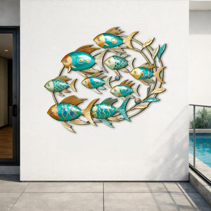 School of Fish Metal Wall Art, Colorful Swimming Fish Sculpture, Teal & Gold Wall Decor, Tropical or Coastal Theme, Outdoor & Indoor Accent