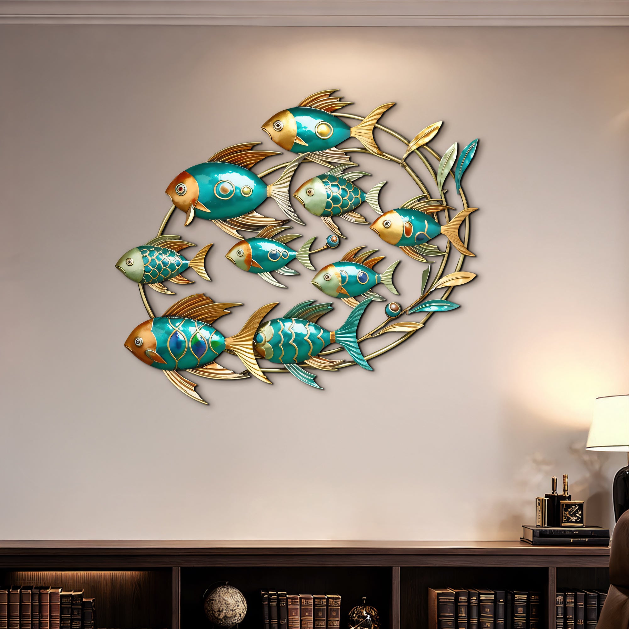 School of Fish Metal Wall Art, Colorful Swimming Fish Sculpture, Teal & Gold Wall Decor, Tropical or Coastal Theme, Outdoor & Indoor Accent