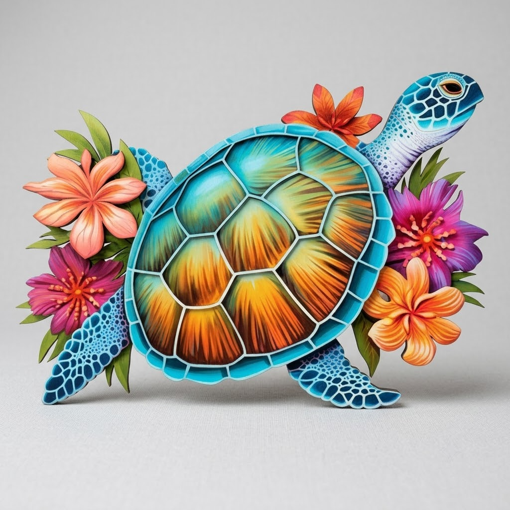 Swimming Sea Turtle & Hibiscus Flowers, Metal Sign