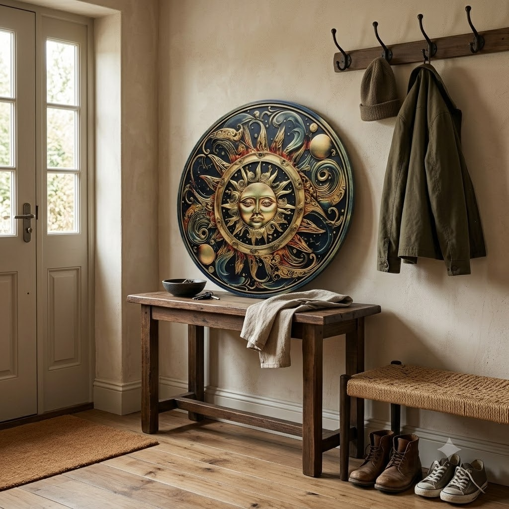 Celestial Sun Moon Garden Metal Sign, Large Smiling Sun Intertwined With An Elegant Crescent Moon