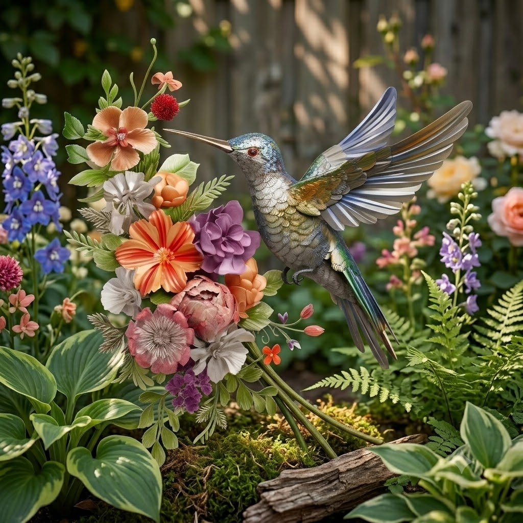 Large Hummingbird Metal Wall Art, Blooming Flowers & Butterflies Decor