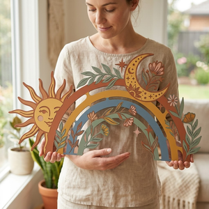 Boho Smiling Sun, Moon, Botanical Leaves Metal Sign