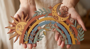 Boho Smiling Sun, Moon, Botanical Leaves Metal Sign