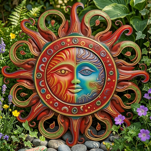 Celestial Radiant Sun Face With An Elegant Crescent Moon Metal Sign