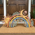 Boho Smiling Sun, Moon, Botanical Leaves Metal Sign
