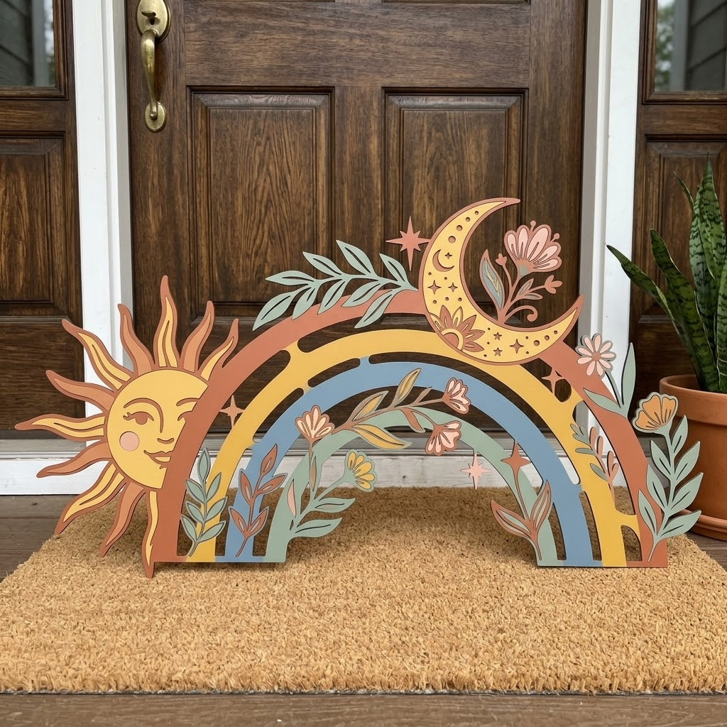 Boho Smiling Sun, Moon, Botanical Leaves Metal Sign