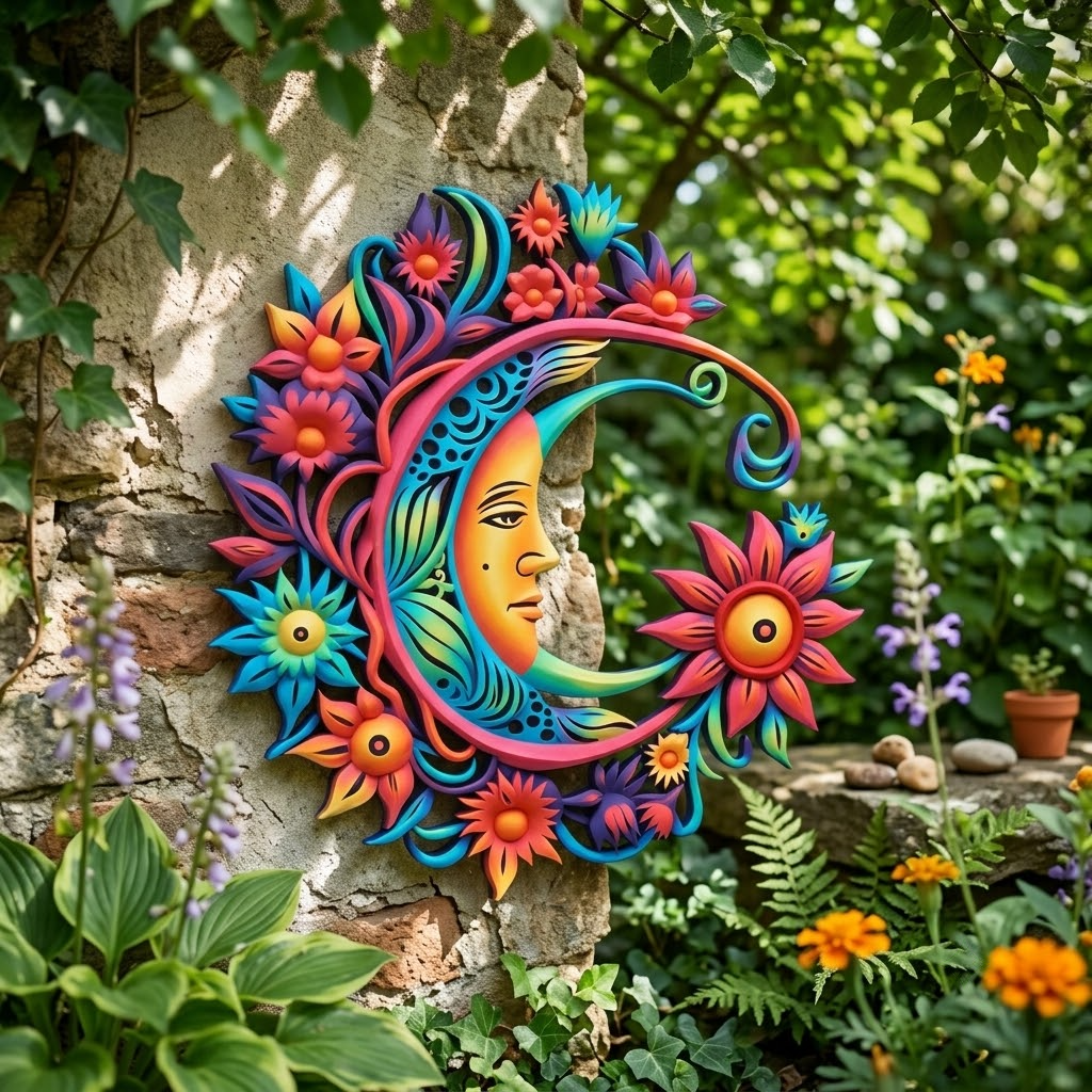 Moon Floral Metal Wall Art, Celestial Boho Home Decor