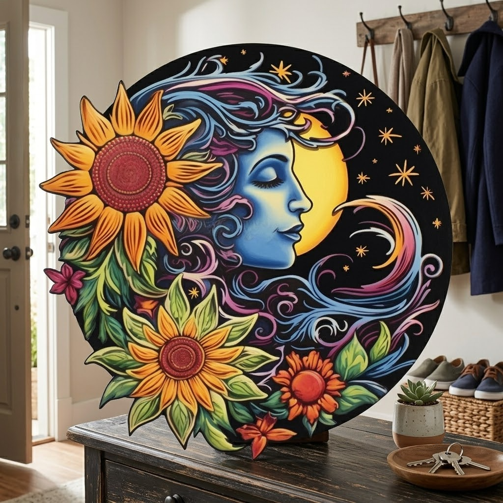 Elegant Crescent Moon Embracing A Radiant Sun, Blooming Flowers