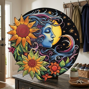 Elegant Crescent Moon Embracing A Radiant Sun, Blooming Flowers