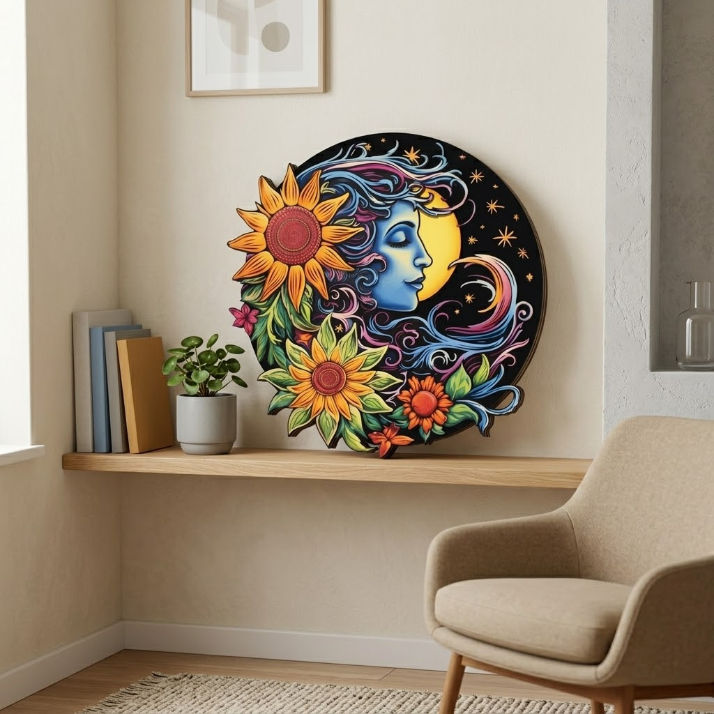 Elegant Crescent Moon Embracing A Radiant Sun, Blooming Flowers