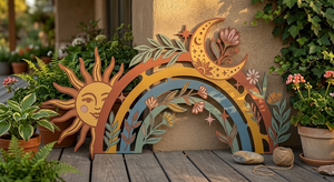 Boho Smiling Sun, Moon, Botanical Leaves Metal Sign
