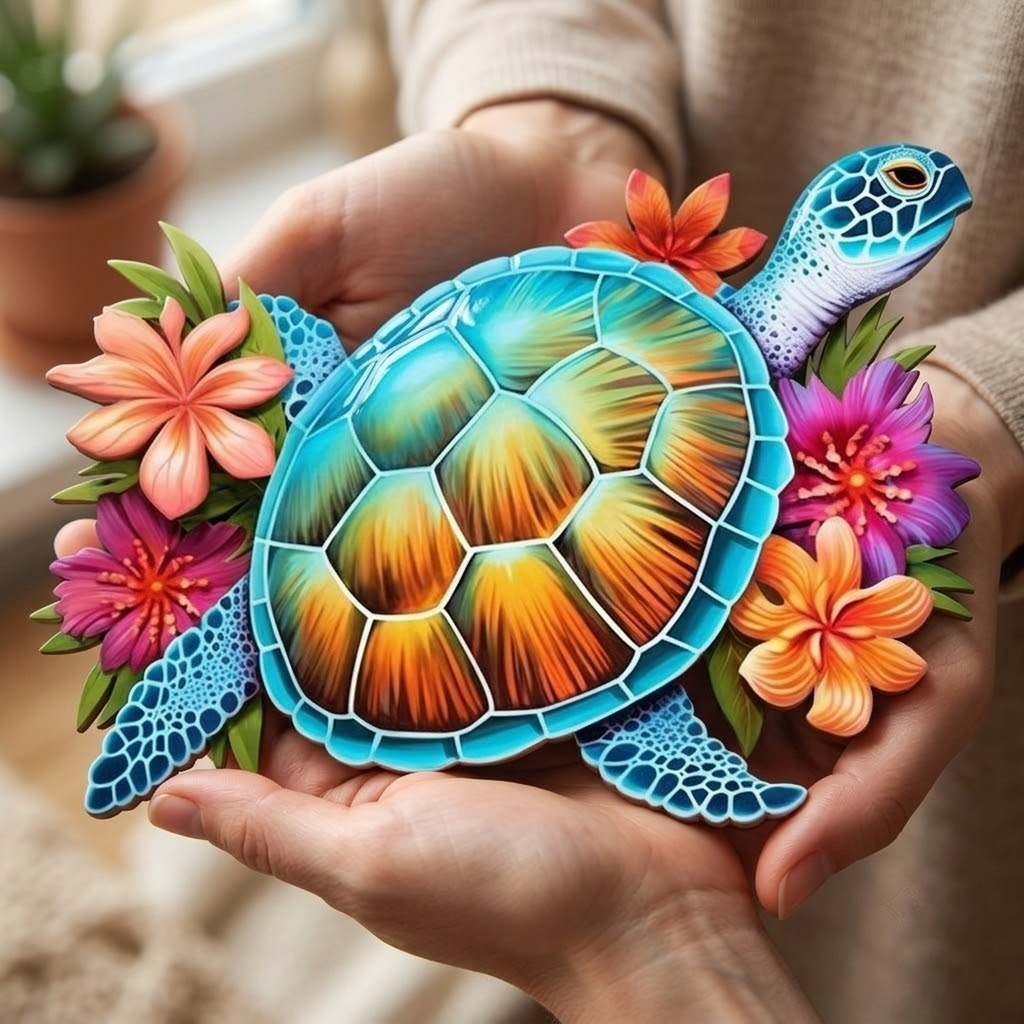 Swimming Sea Turtle & Hibiscus Flowers, Metal Sign