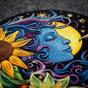 Elegant Crescent Moon Embracing A Radiant Sun, Blooming Flowers