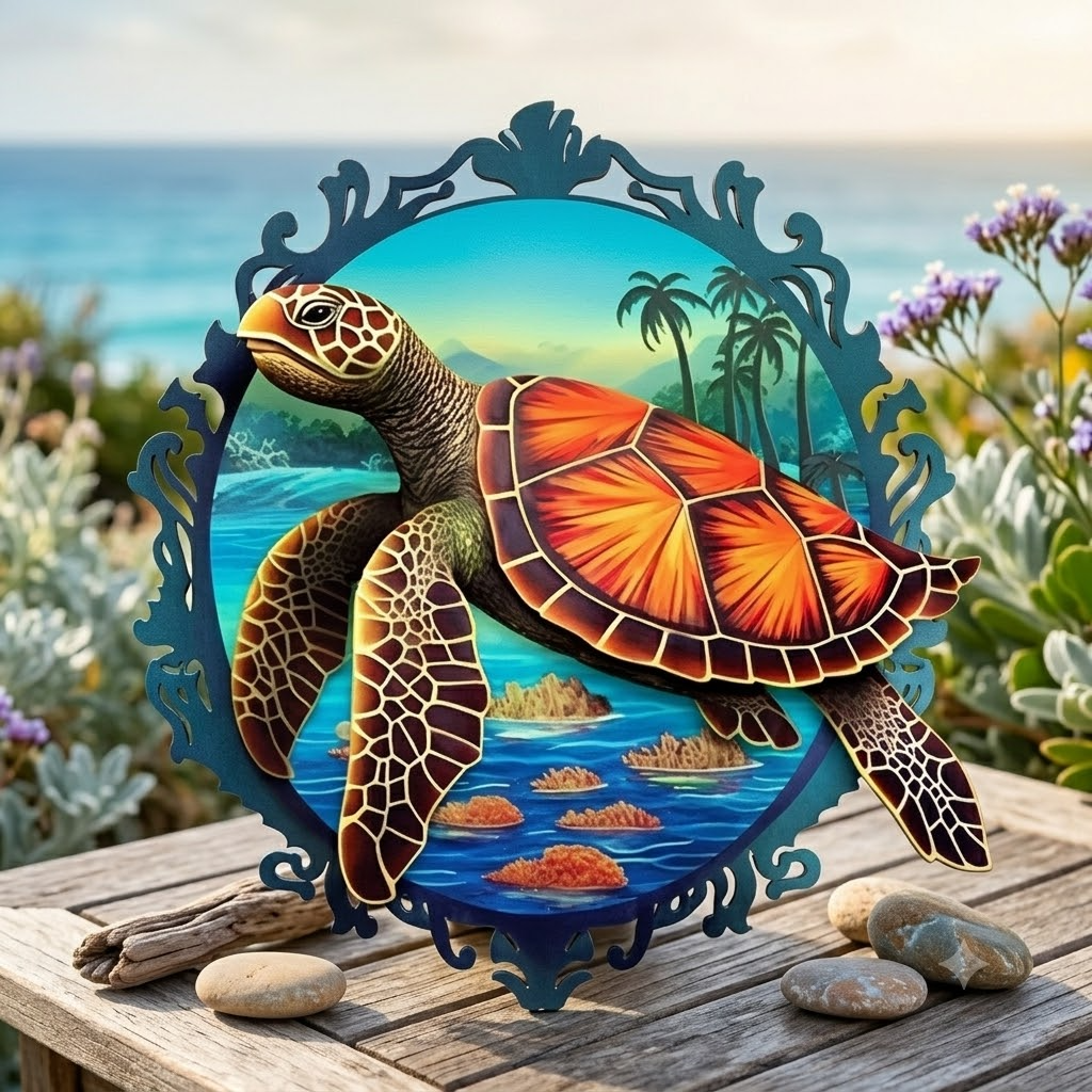 Large Sea Turtle Swimming Above Colorful Coral Reef Metal Sign Wall Art