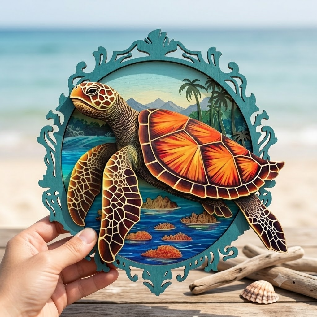 Large Sea Turtle Swimming Above Colorful Coral Reef Metal Sign Wall Art