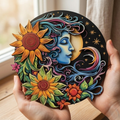 Elegant Crescent Moon Embracing A Radiant Sun, Blooming Flowers