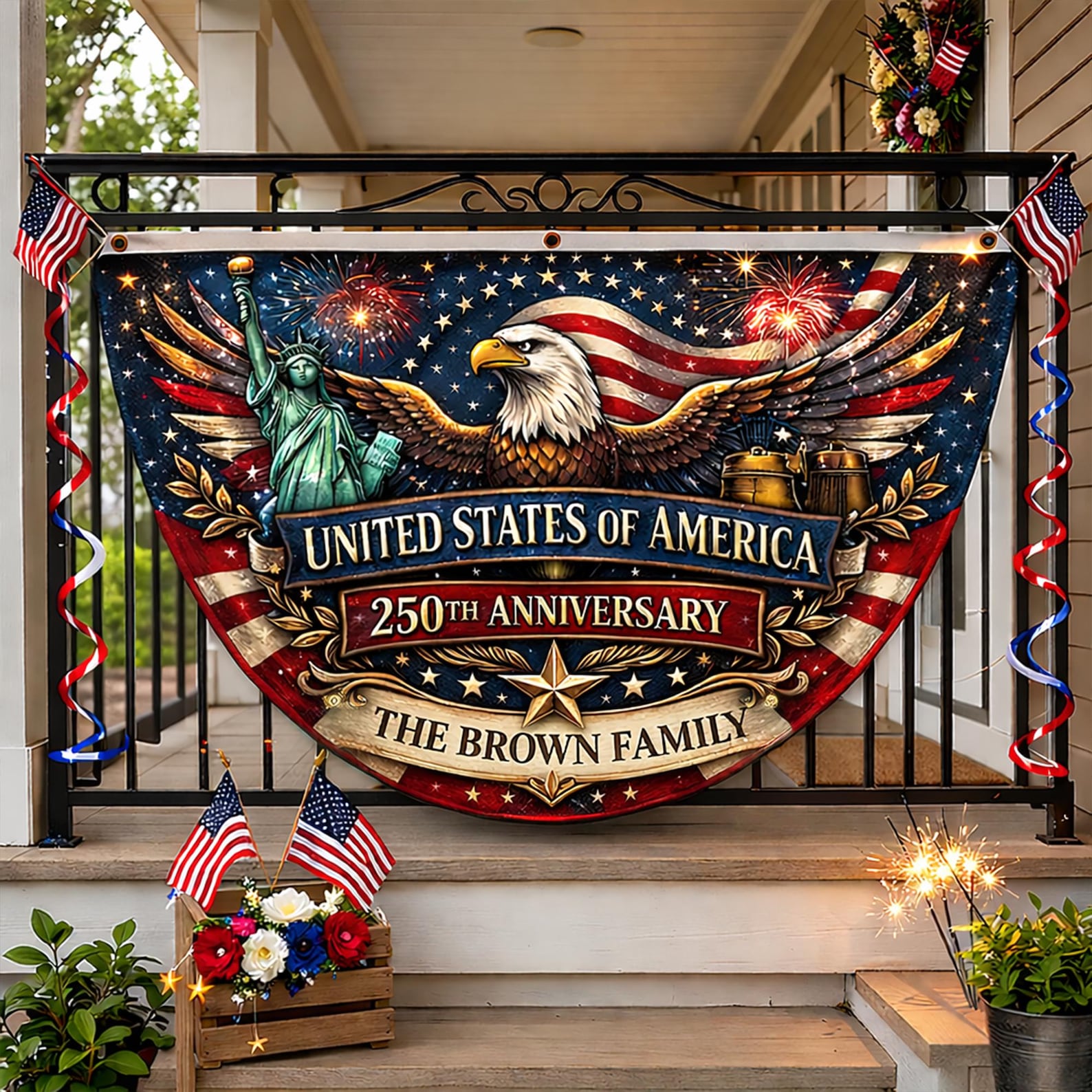 Personalized USA 250th anniversary patriotic semicircle family banner with eagle and Statue of Liberty