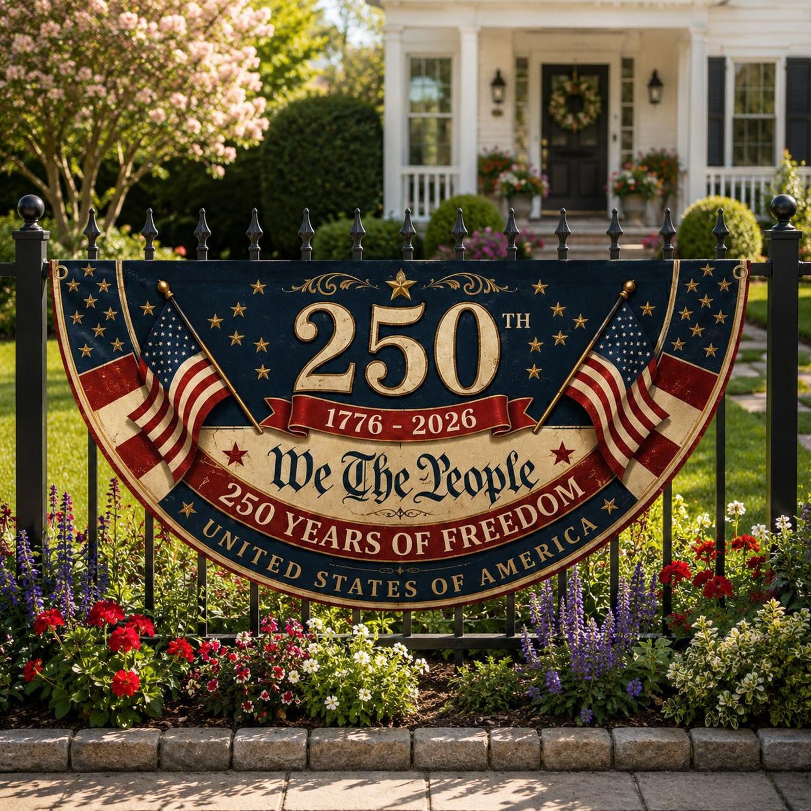 Patriotic 250 years of freedom semicircle fence flag outdoor Americana decor