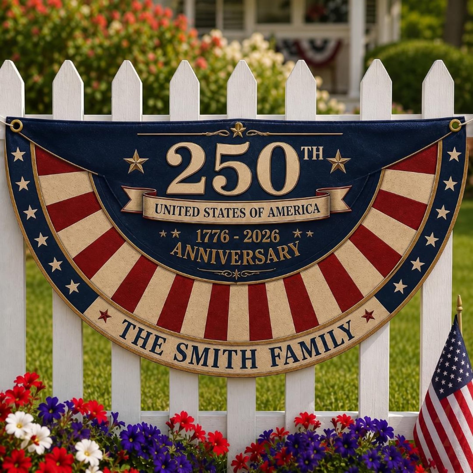 Personalized vintage Americana semicircle fence flag with custom family name and USA 250th anniversary patriotic décor