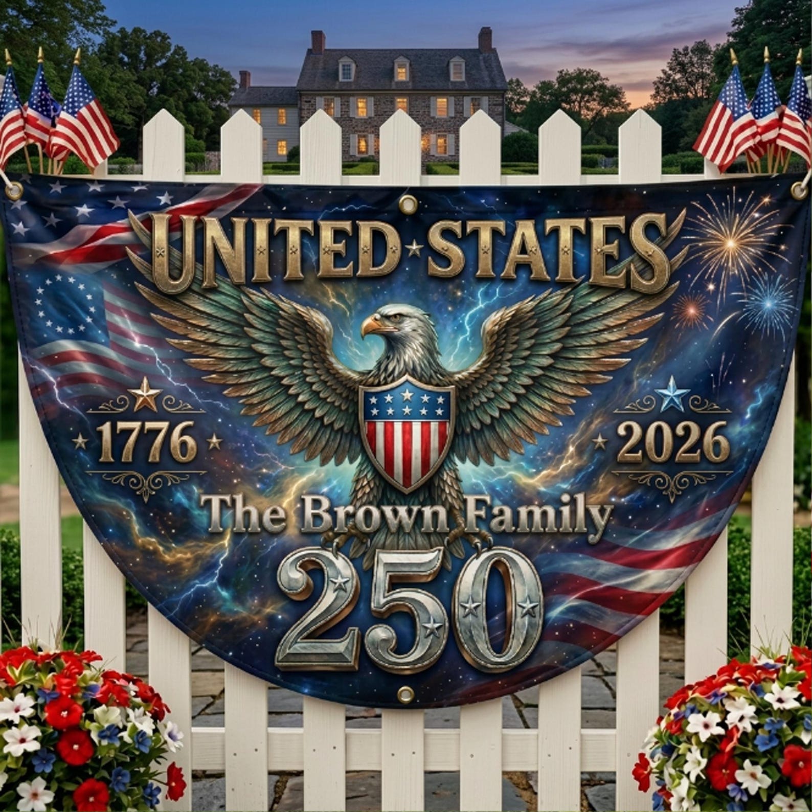 Personalized USA 250th anniversary patriotic semicircle banner with eagle lightning artwork and family name