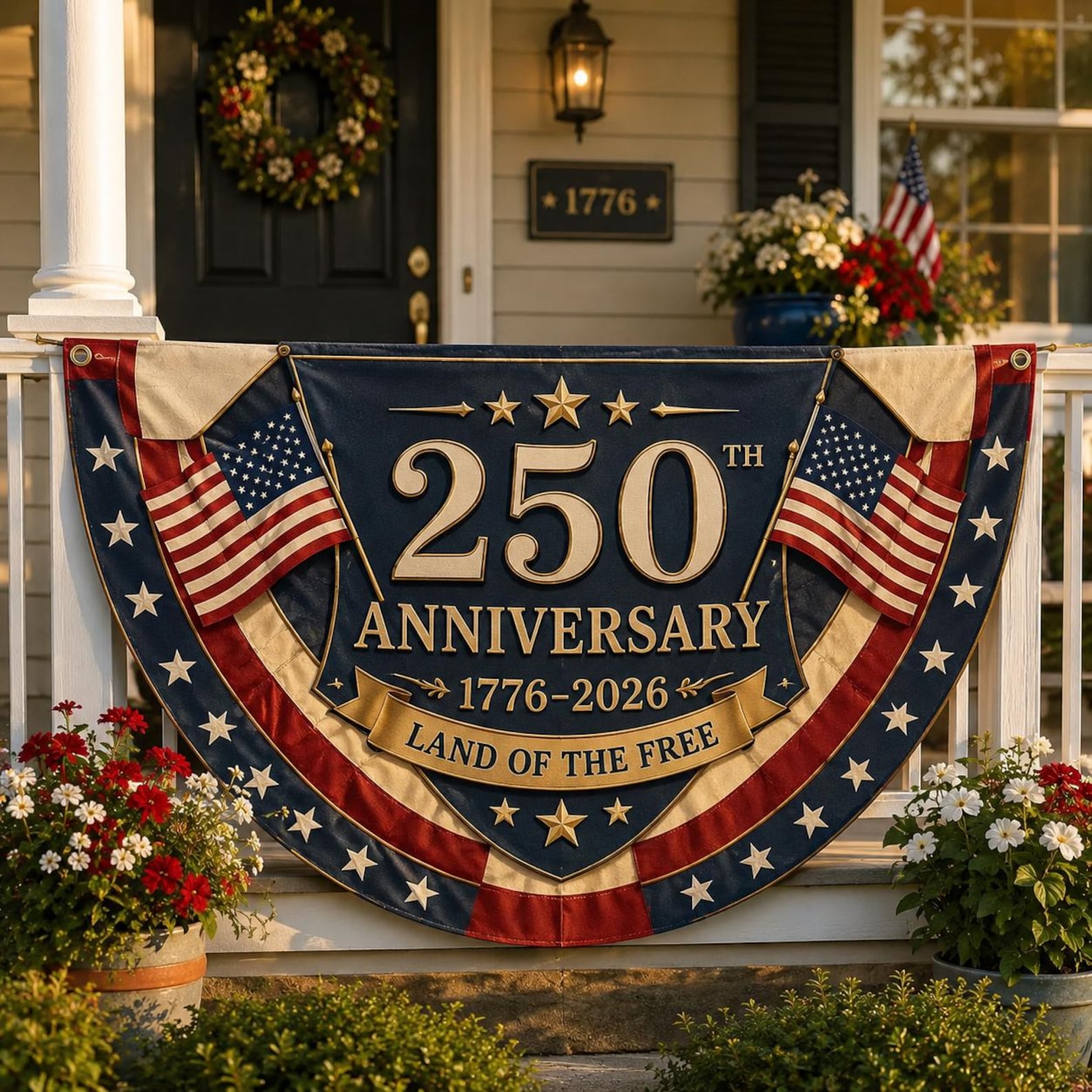 Personalized vintage Americana semicircle fence flag with patriotic bunting design and USA 250th anniversary décor