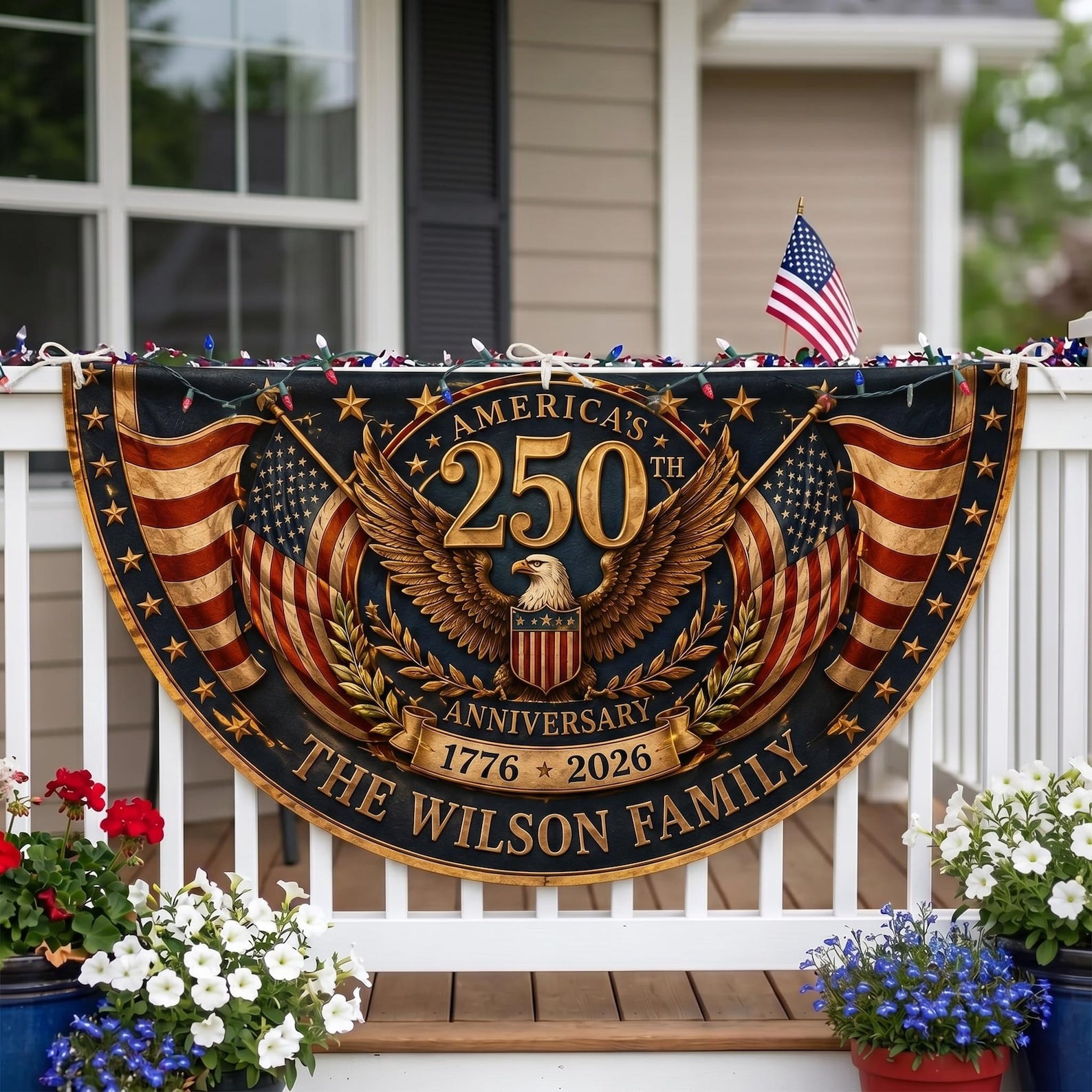 Vintage patriotic semicircle fence flag with American eagle artwork and USA 250th anniversary porch décor