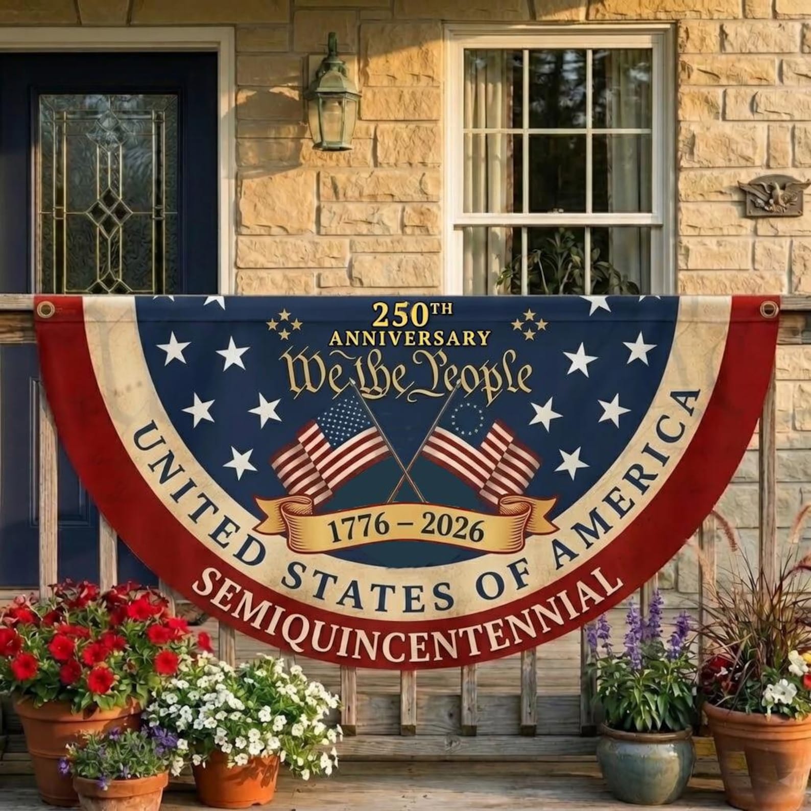 USA semiquincentennial patriotic semicircle fence banner outdoor Americana decor