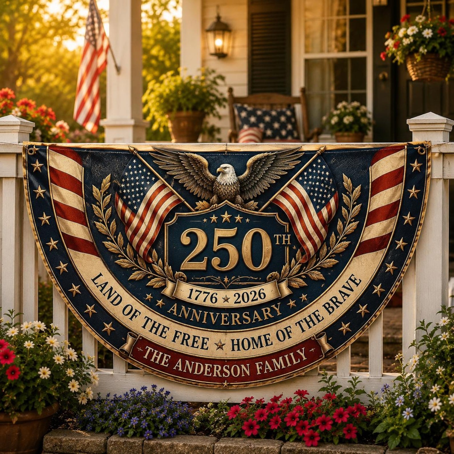 Personalized patriotic semicircle fence flag with eagle artwork and USA 250th anniversary Americana décor