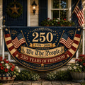 Personalized We The People semicircle fence flag with patriotic American flags and USA 250th anniversary outdoor décor