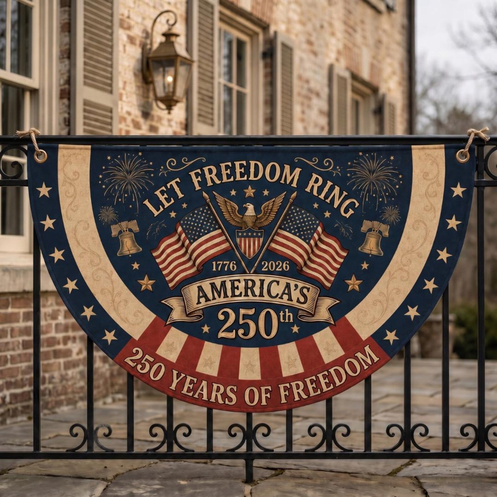 Vintage patriotic semicircle fence flag featuring Let Freedom Ring text, American flags, fireworks, and USA 250th Anniversary 1776-2026 Americana outdoor porch decor