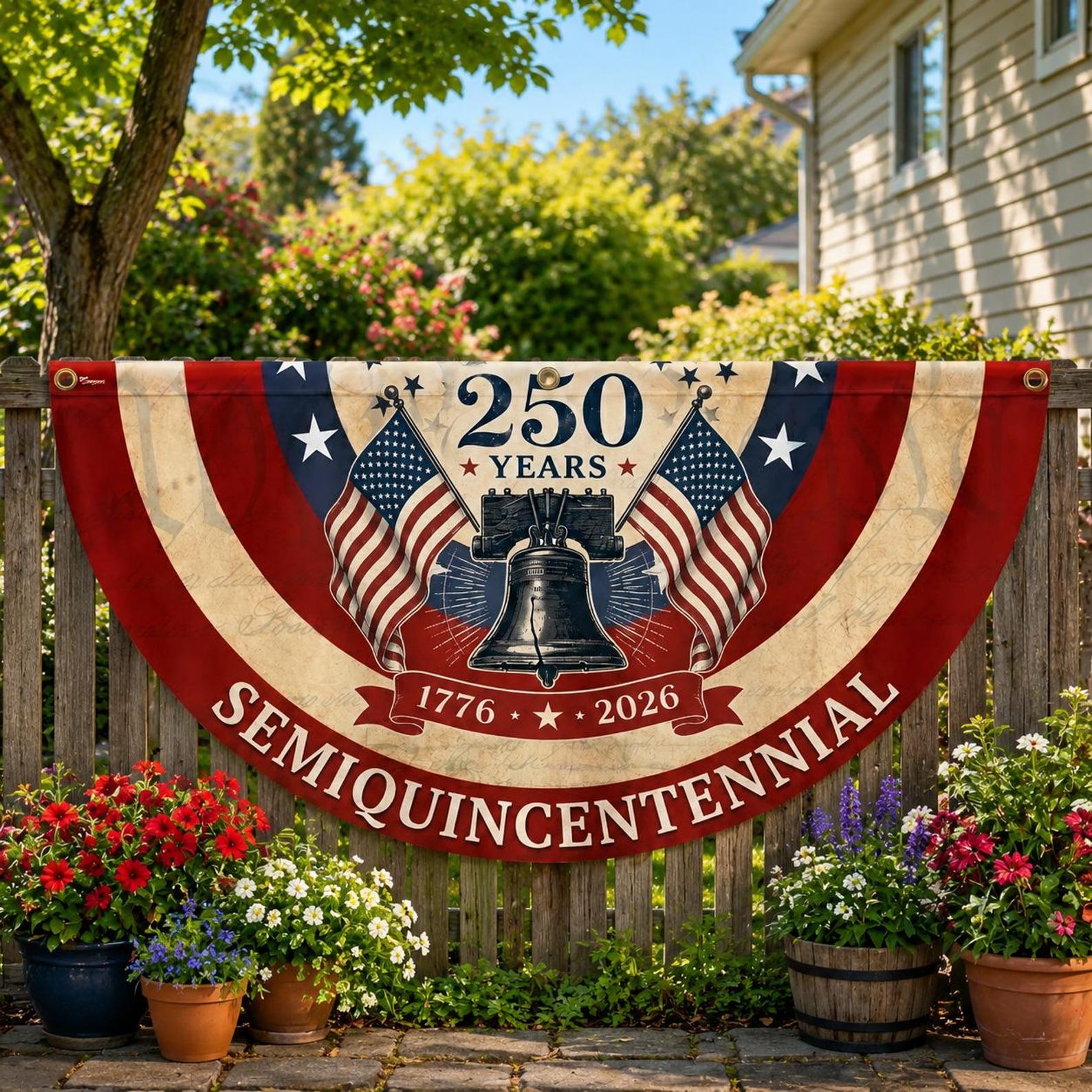 Liberty Bell patriotic semicircle fence banner for America 250th anniversary