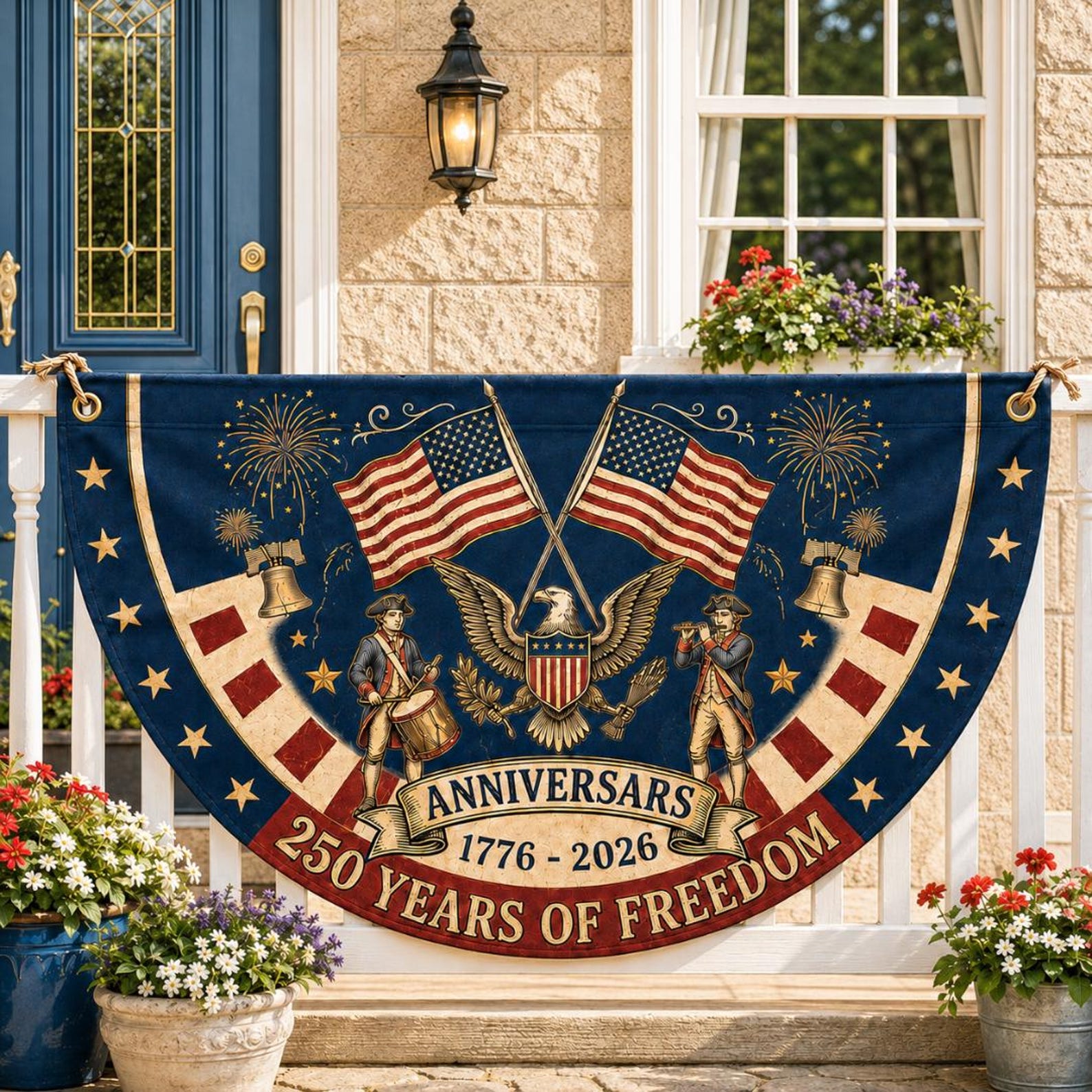 Patriotic semicircle fence flag featuring American eagle, Revolutionary War musicians, USA flags, and 250 years of freedom Americana outdoor décor