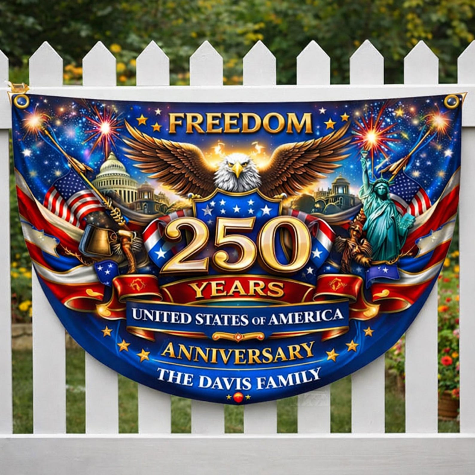 Personalized America 250 years patriotic semicircle fence banner with eagle and fireworks