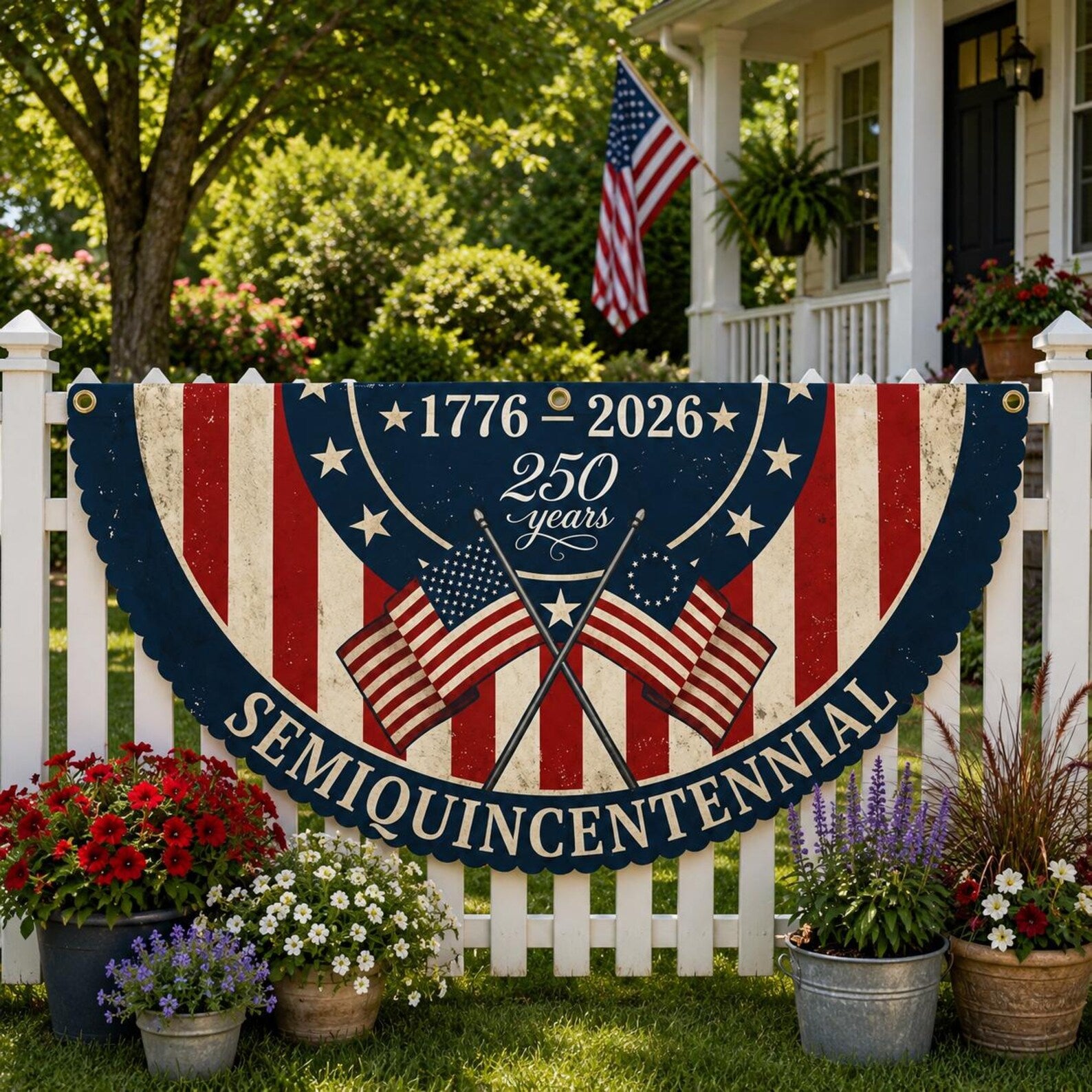 Vintage semiquincentennial patriotic semicircle fence flag outdoor Americana decor