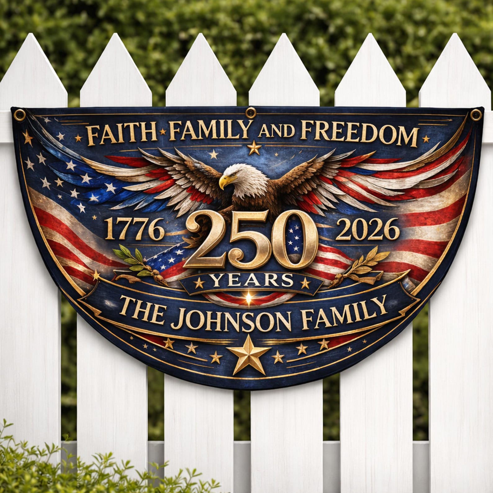 Personalized faith family freedom patriotic semicircle fence banner with eagle and vintage American flag