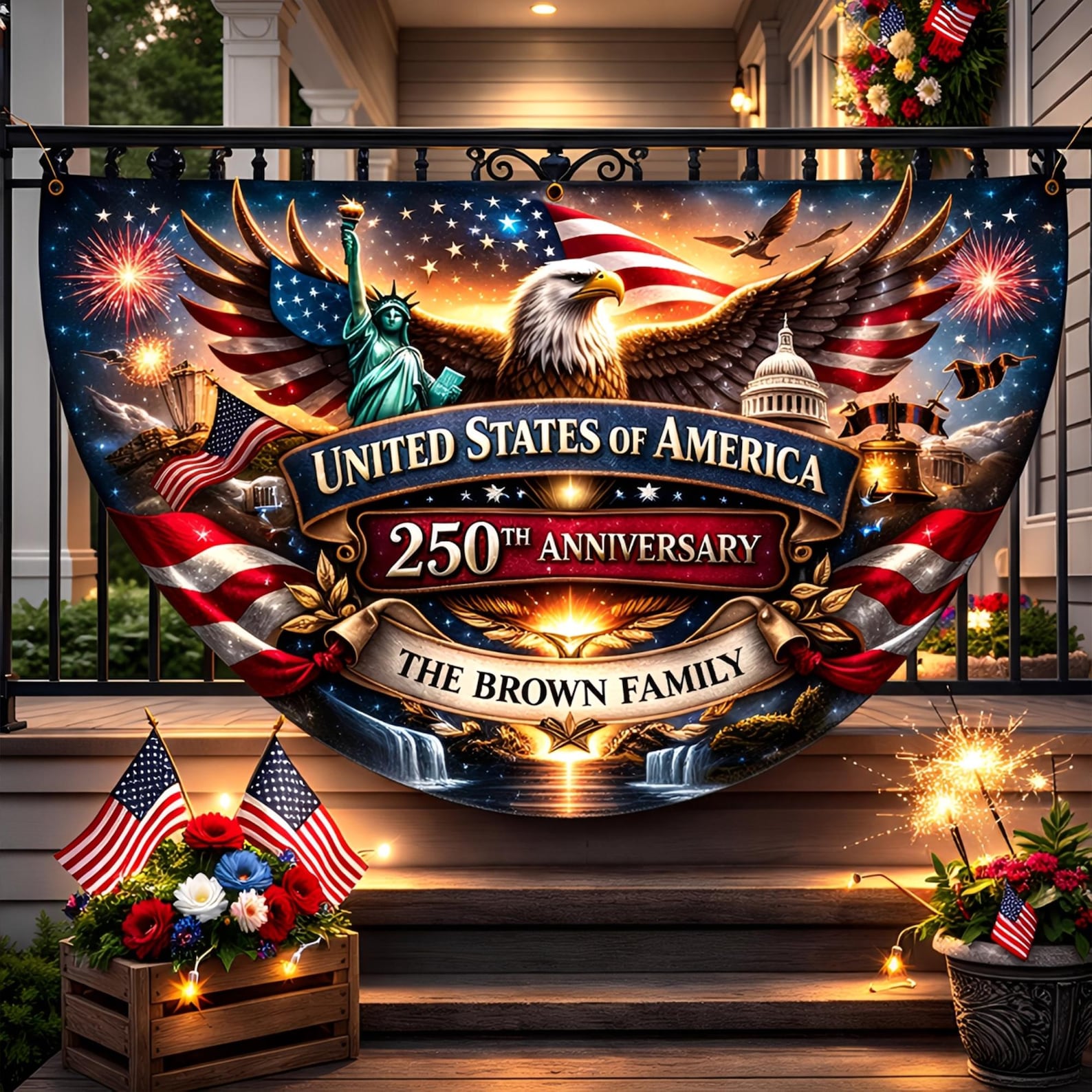 Personalized USA 250th anniversary patriotic semicircle banner with eagle fireworks and family name