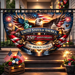 Personalized USA 250th anniversary patriotic semicircle banner with eagle fireworks and family name