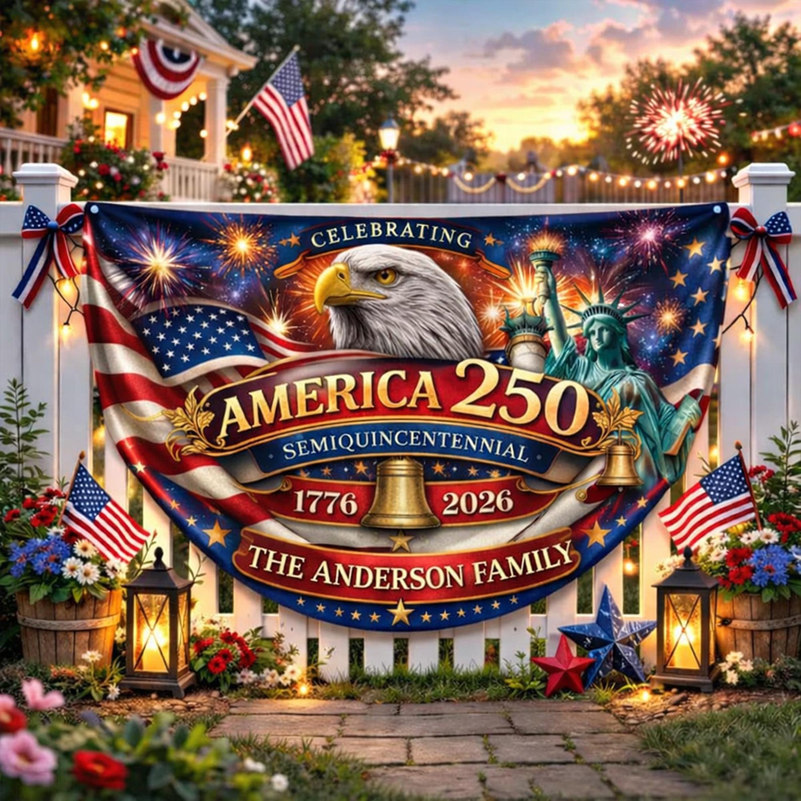 Personalized America 250 patriotic semicircle fence banner with fireworks and eagle