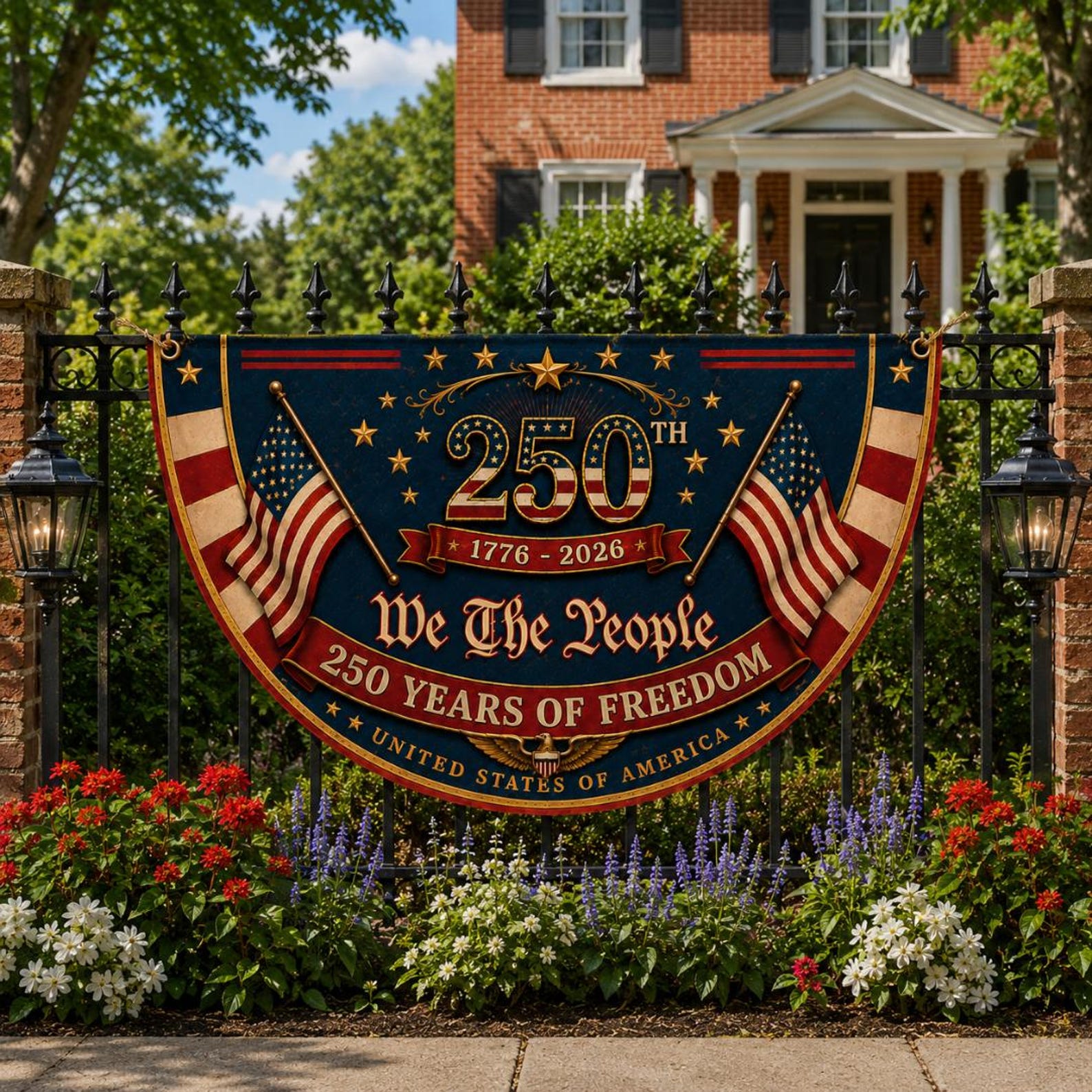 Patriotic 250th anniversary semicircle fence flag outdoor Americana decor