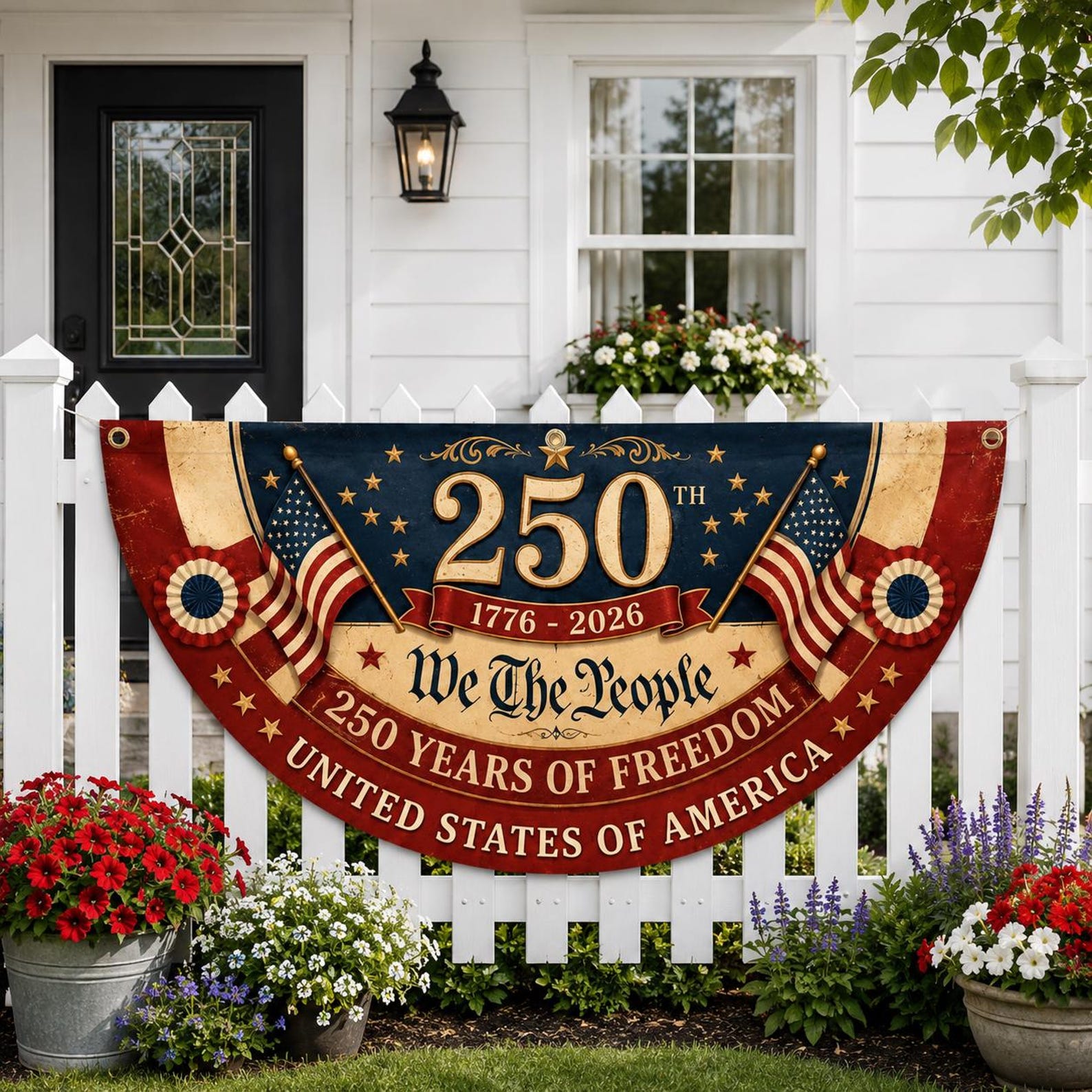 Vintage Americana 250th anniversary patriotic semicircle fence flag outdoor decor