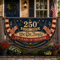 Vintage We The People semicircle fence flag featuring American flags and patriotic USA 250th anniversary outdoor décor
