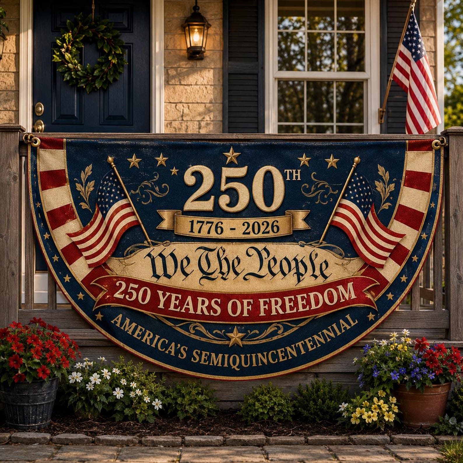 Vintage We The People semicircle fence flag featuring American flags and patriotic USA 250th anniversary outdoor décor