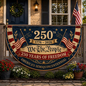 Vintage We The People semicircle fence flag featuring American flags and patriotic USA 250th anniversary outdoor décor