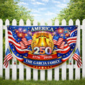 Personalized America 250 years patriotic semicircle fence banner with fireworks and Liberty Bell