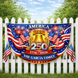 Personalized America 250 years patriotic semicircle fence banner with fireworks and Liberty Bell