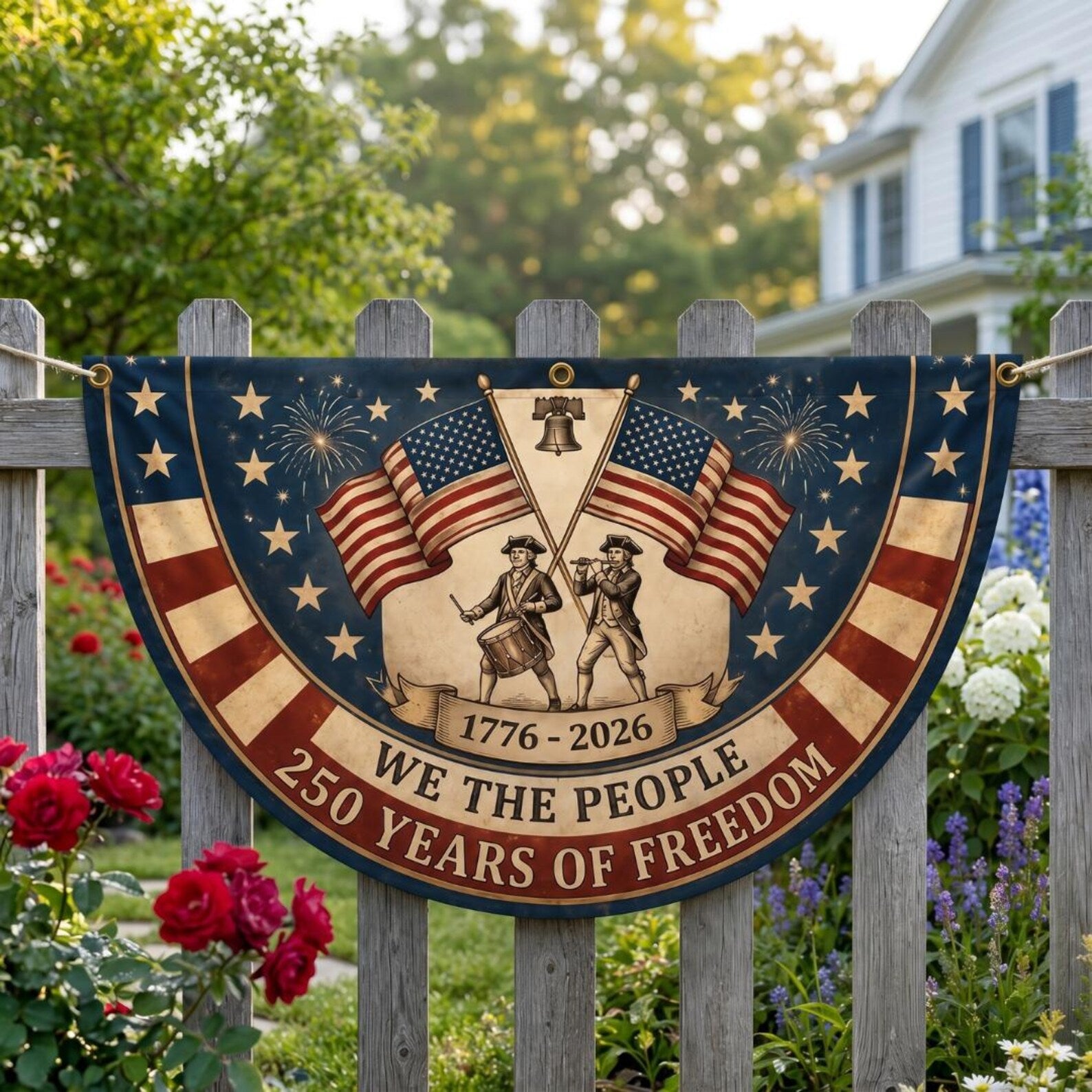 Vintage patriotic semicircle fence flag with We The People artwork and USA 250th anniversary décor