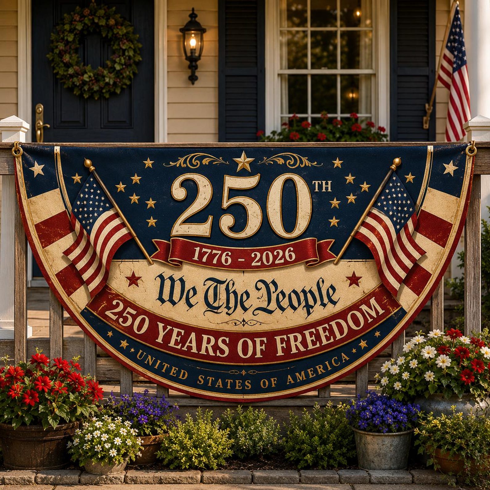 Vintage We The People semicircle fence flag featuring American flags and USA 250th Anniversary 1776-2026 patriotic outdoor porch décor