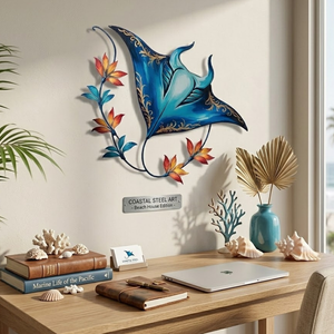 Tropical Manta Ray Metal Wall Art, Coastal Ocean Decor with Hibiscus Flowers, Beach House Wall Sign, Nautical Home, Coastal Wall Art