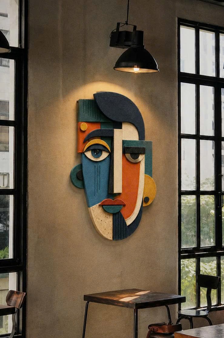 Abstract Cubist Face Plywood Wall Decor, UV Printed Wooden Wall Art, Modern Geometric Mask Sculpture, Boho Living Room Office Gift